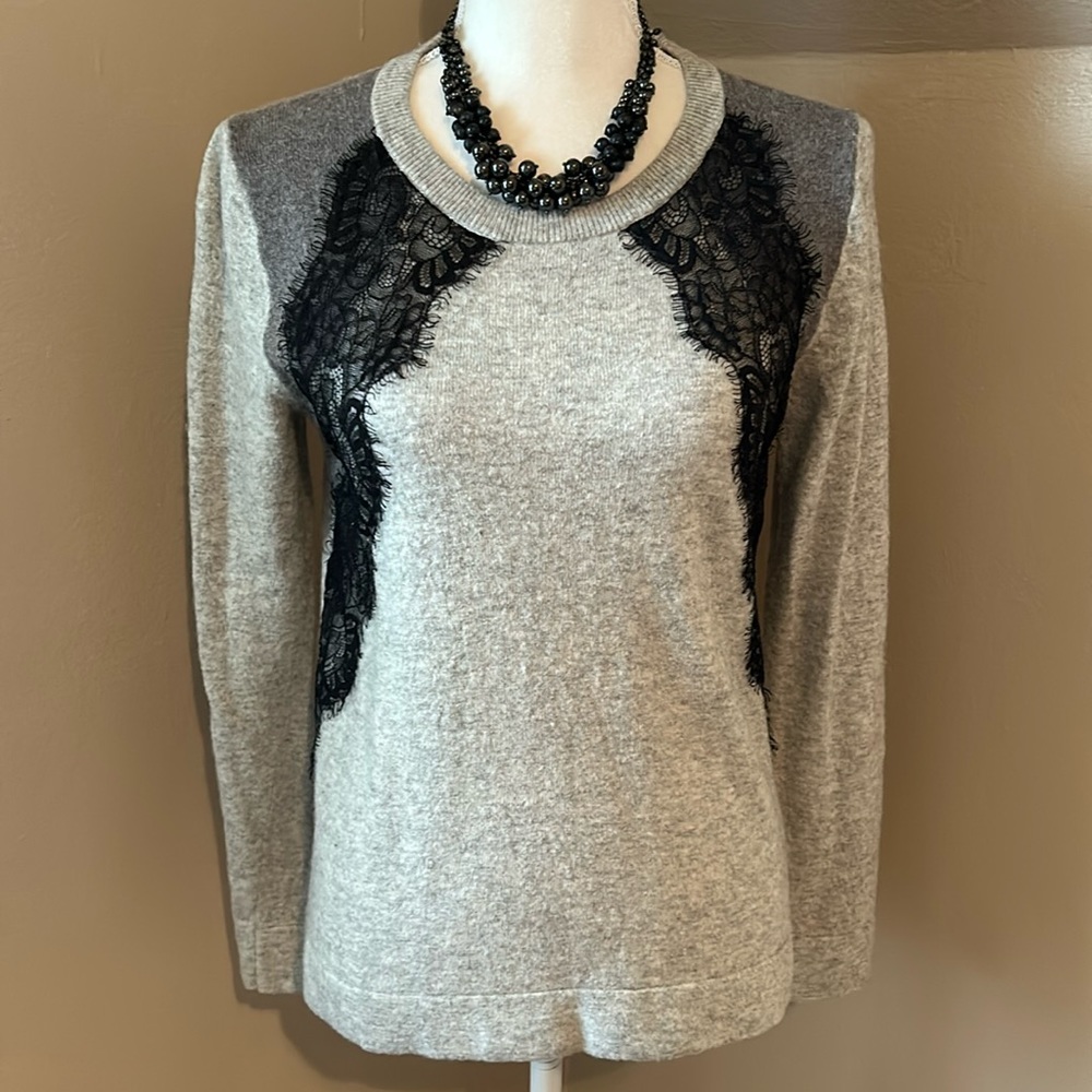Gray Long-Sleeve Sweater with Black Lace Detail